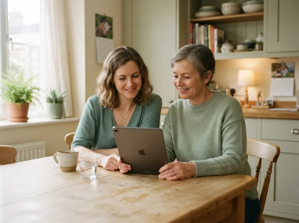 A caregiver and an older parent reviewing health information together at home