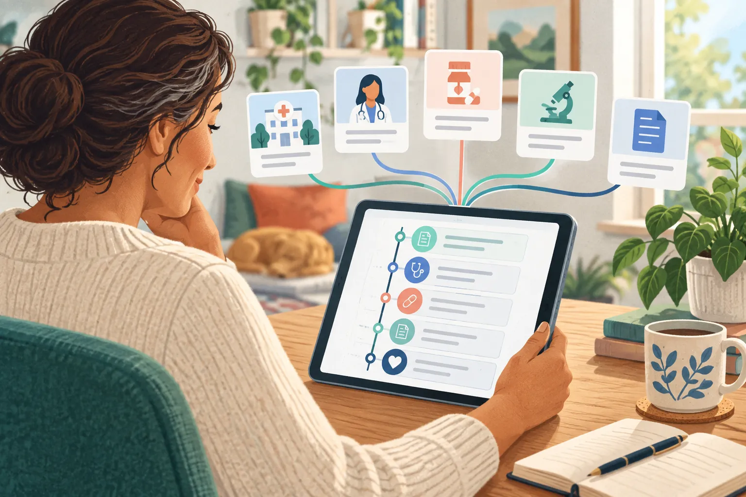 Caregiver reviewing multiple supported record sources in one chronological timeline