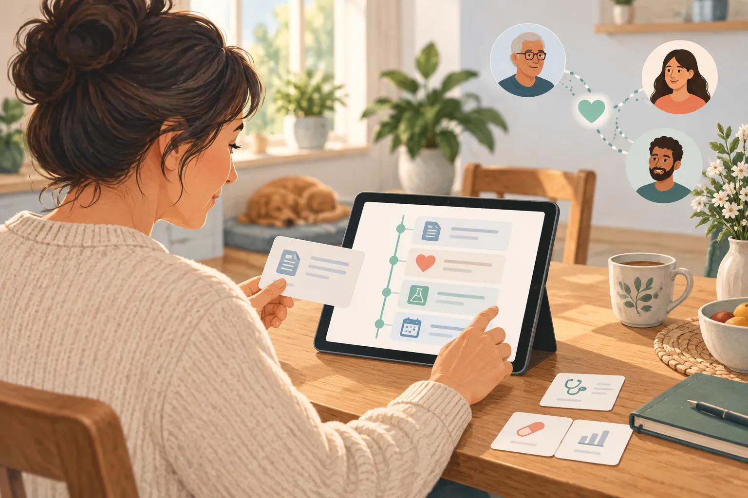 Family caregiver reviewing an organized health record timeline with trusted family members